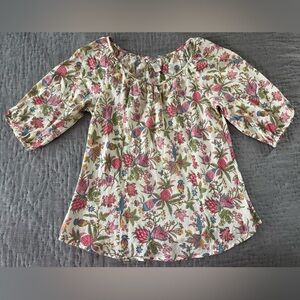 Lucky Brand Floral Puff Sleeve 3/4 Length Blouse Pink Green Size XS 100% Cotton